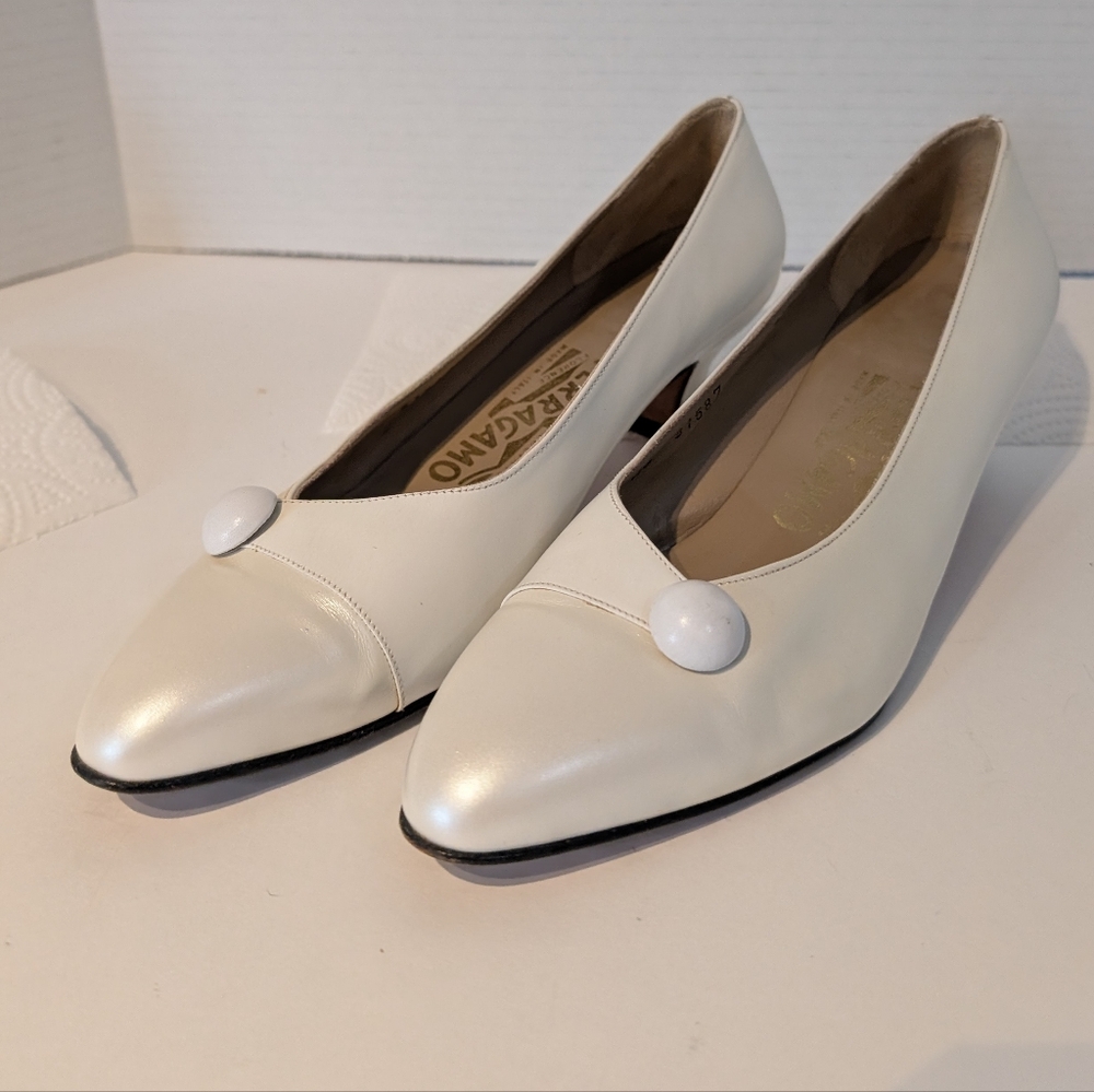 Salvatore Ferragamo Cream Heels with Button Accent
